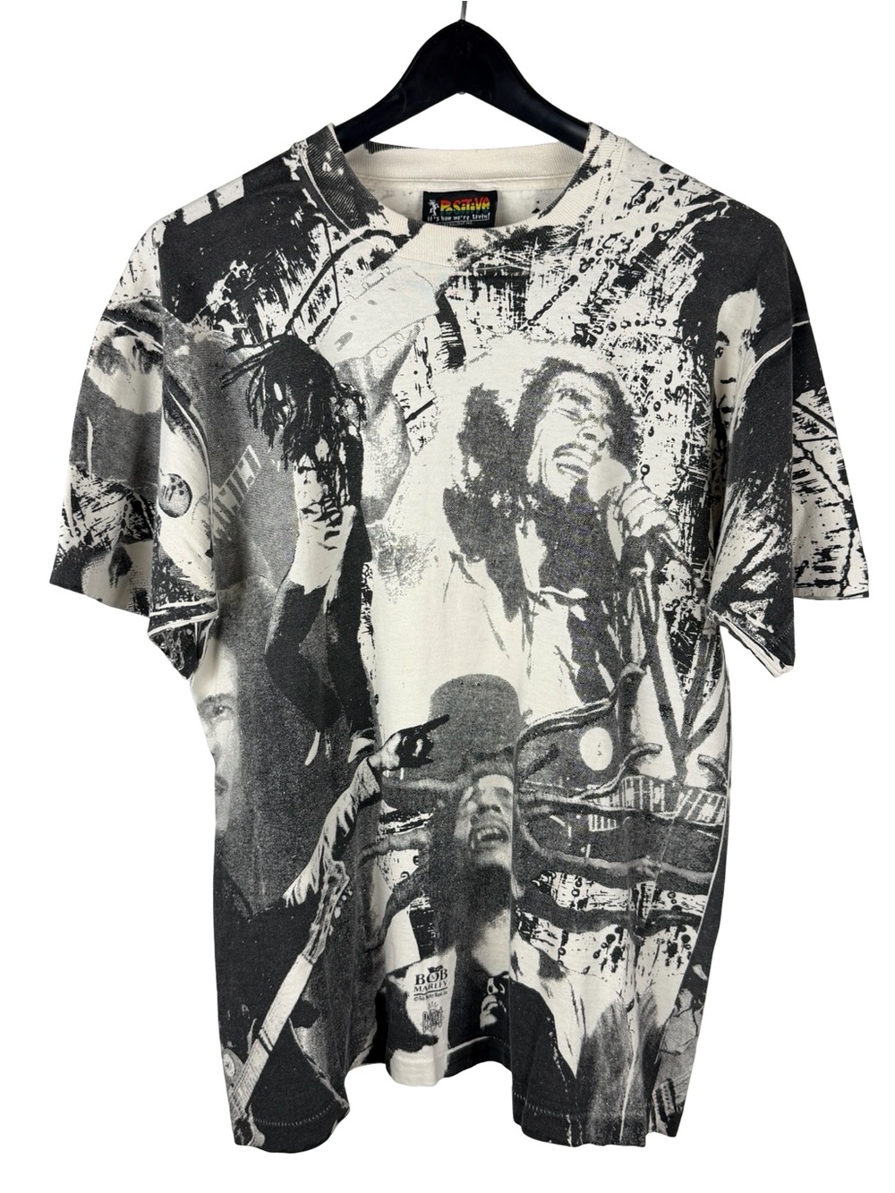 Vintage 90s Balzout Bob Marley All Over Print Rasta Graphic White Shirt Size L